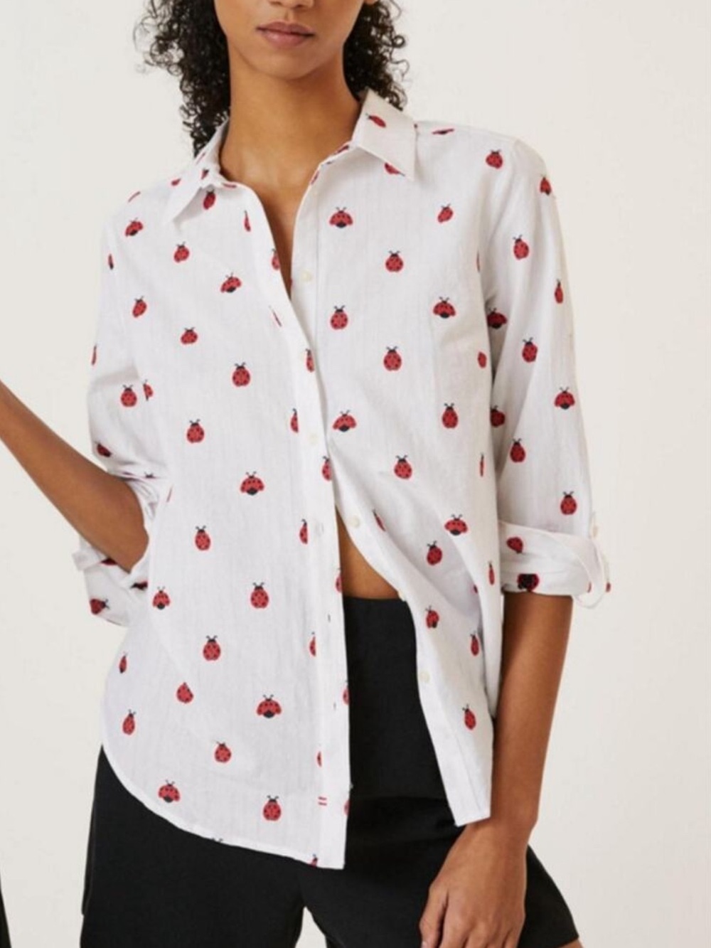 Anthropologie Maeve Ladybug Buttondown White Blouse Shirt XS